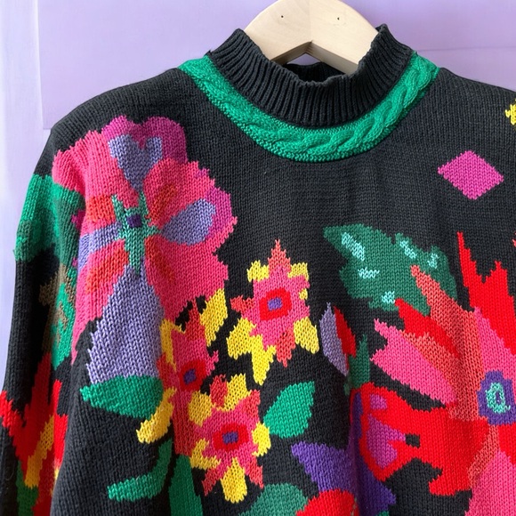 Vintage Jack B. Quick Floral Mock Neck Cotton Sweater, Size M, Black Multi - Picture 6 of 13